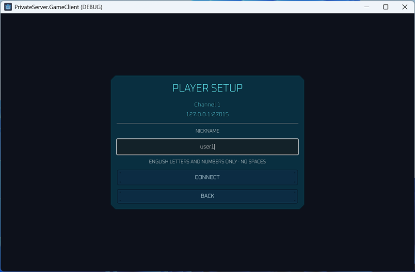 PrivateServer player nickname setup screen